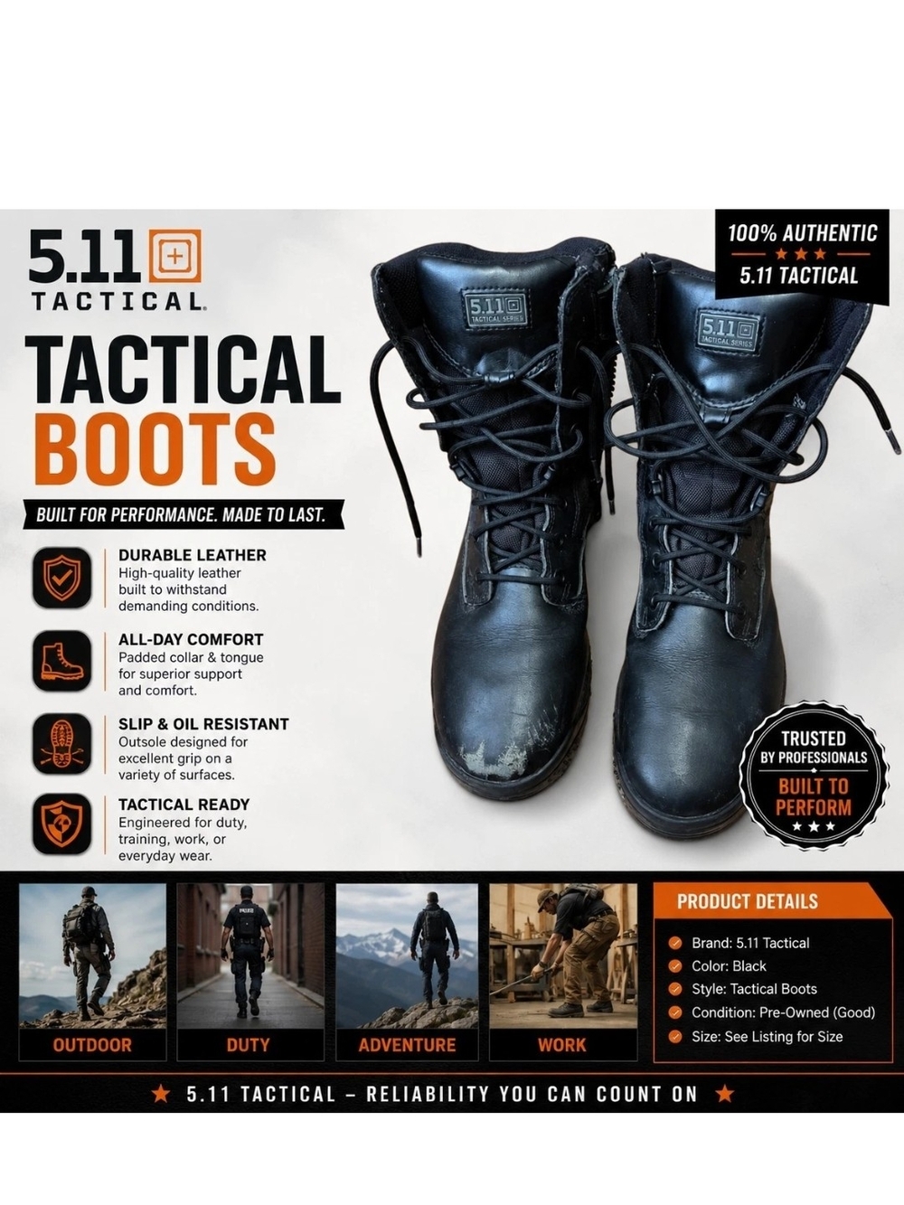 5.11 Tactical Black Tactical Boots 9.5mens